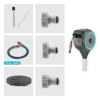 Parts included with the Gardena RollUp S: spike, rod, connecting hose and connectors