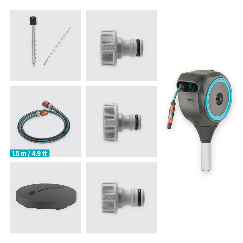 Parts included with the Gardena RollUp S: spike, rod, connecting hose and connectors