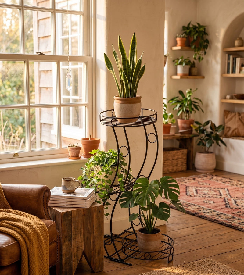 Cocoyard plant stand with potted plants in a sunlit living room corner