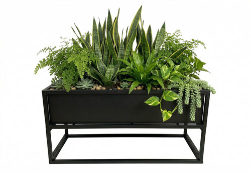 Cocoyard planter box on its open metal stand, filled with mixed green foliage