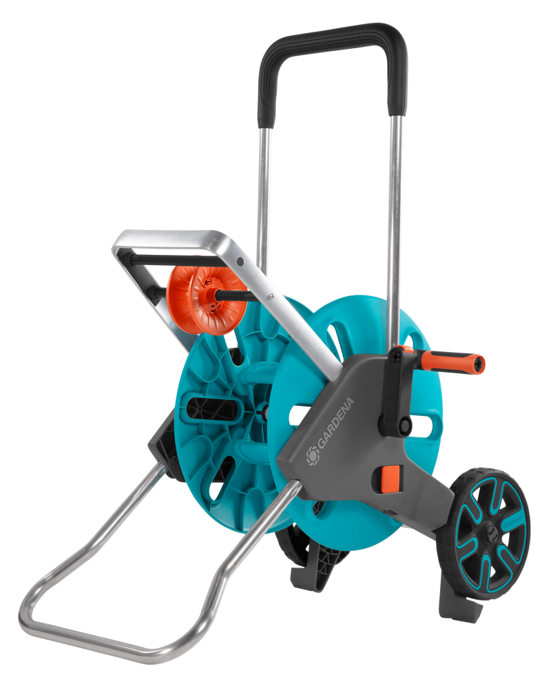 Gardena CleverRoll M Easy hose trolley with a teal drum, folding handle and two wheels