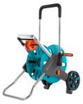 Gardena CleverRoll M Easy hose trolley with a teal drum, folding handle and two wheels