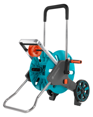 Gardena CleverRoll M Easy hose trolley with a teal drum, folding handle and two wheels