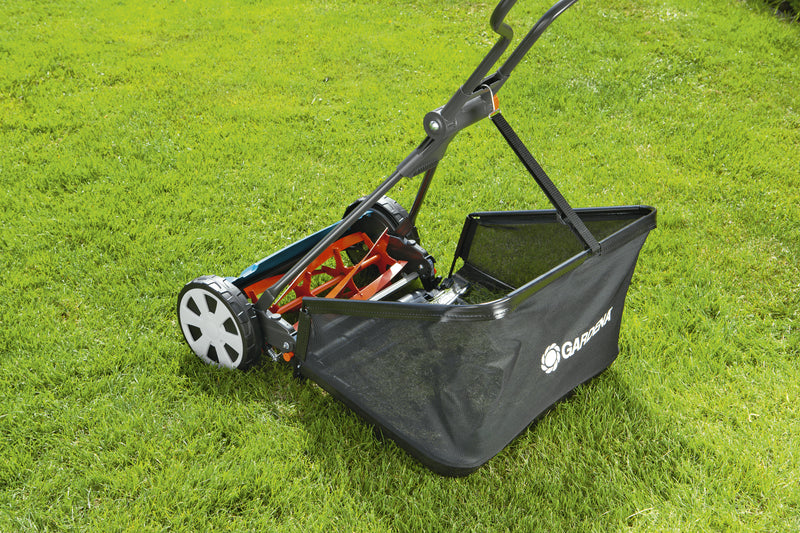 Gardena grass catcher fitted to a reel mower on a lawn