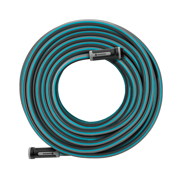 Coiled Gardena X-Flow garden hose in gray and teal