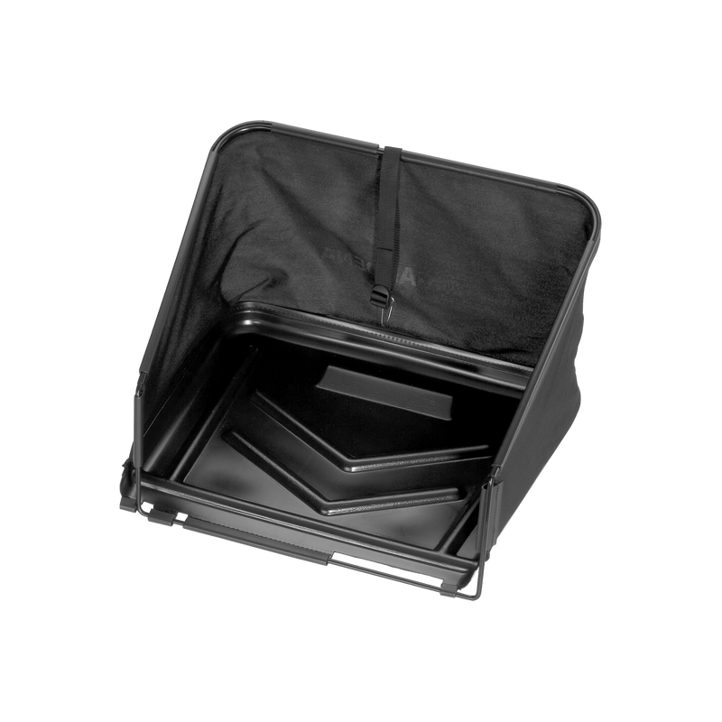 Gardena grass catcher alone, a black folding fabric box on a metal frame