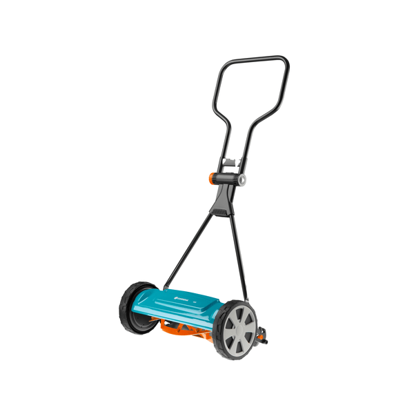 Gardena Classic 400 push reel mower with a teal housing, three-quarter view on white