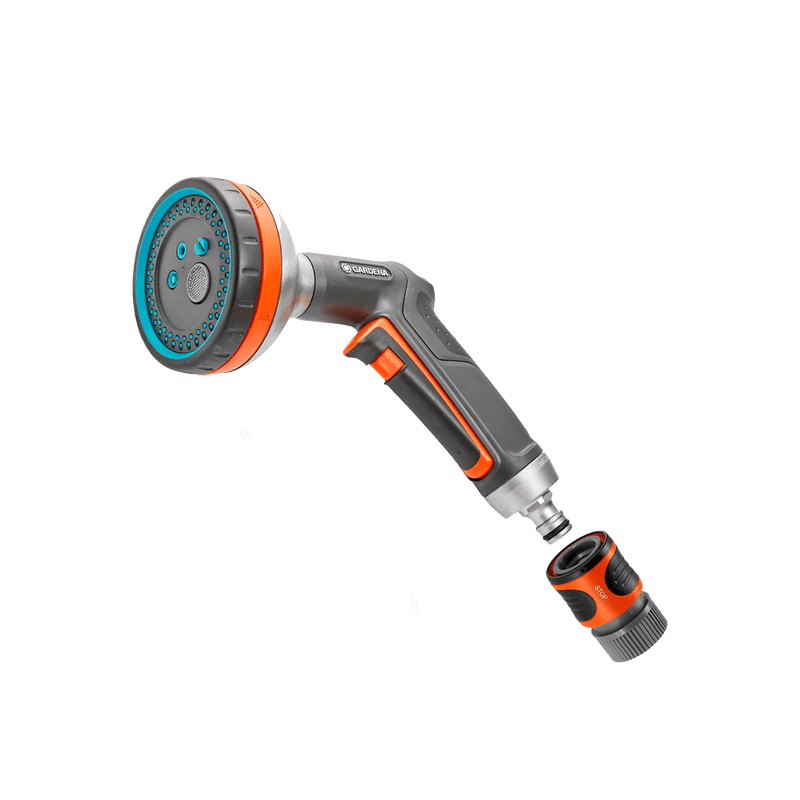 Gardena multi sprayer with a round five-pattern head and a hose connector