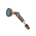 Gardena multi sprayer with a round five-pattern head and a hose connector