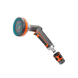 Gardena multi sprayer with a round five-pattern head and a hose connector