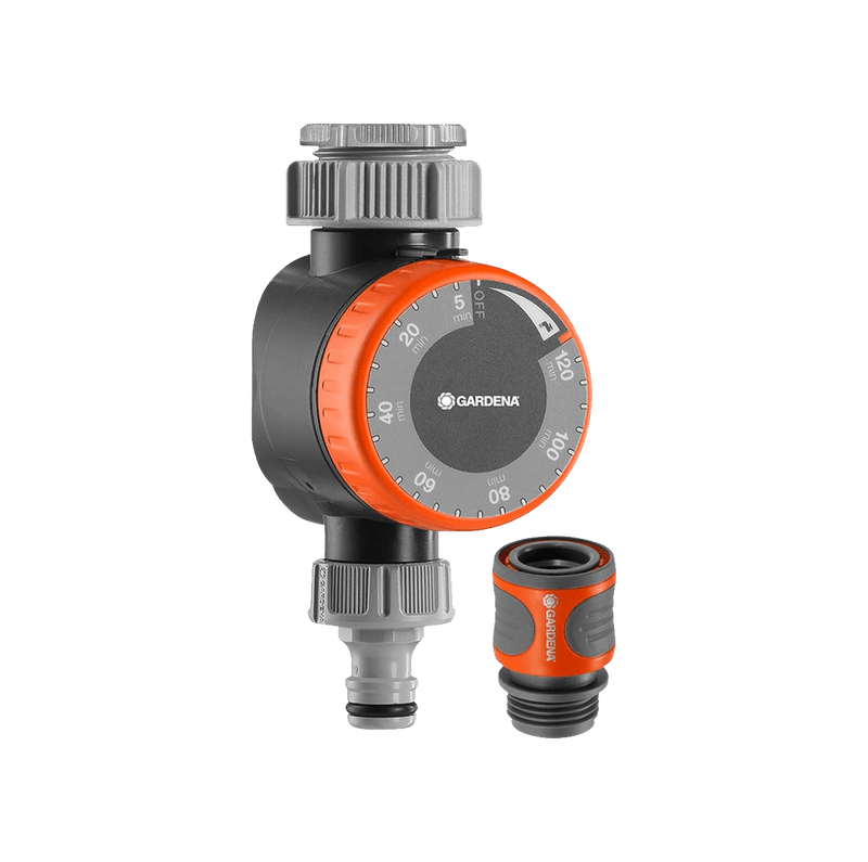 Gardena mechanical water timer with an orange dial, beside a hose connector