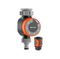 Gardena mechanical water timer with an orange dial, beside a hose connector
