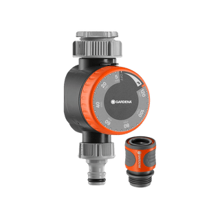 Gardena mechanical water timer with an orange dial, beside a hose connector