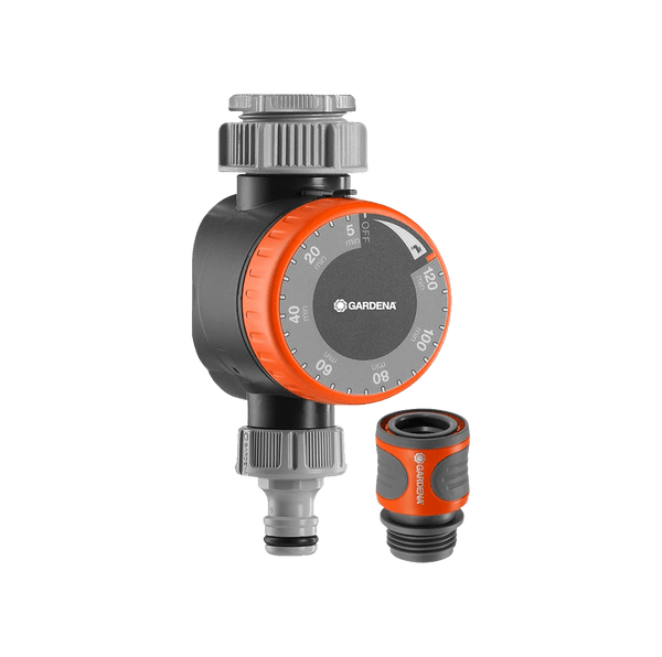 Gardena mechanical water timer with an orange dial, beside a hose connector