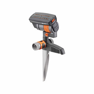 Gardena AquaZoom compact sprinkler on its metal ground spike
