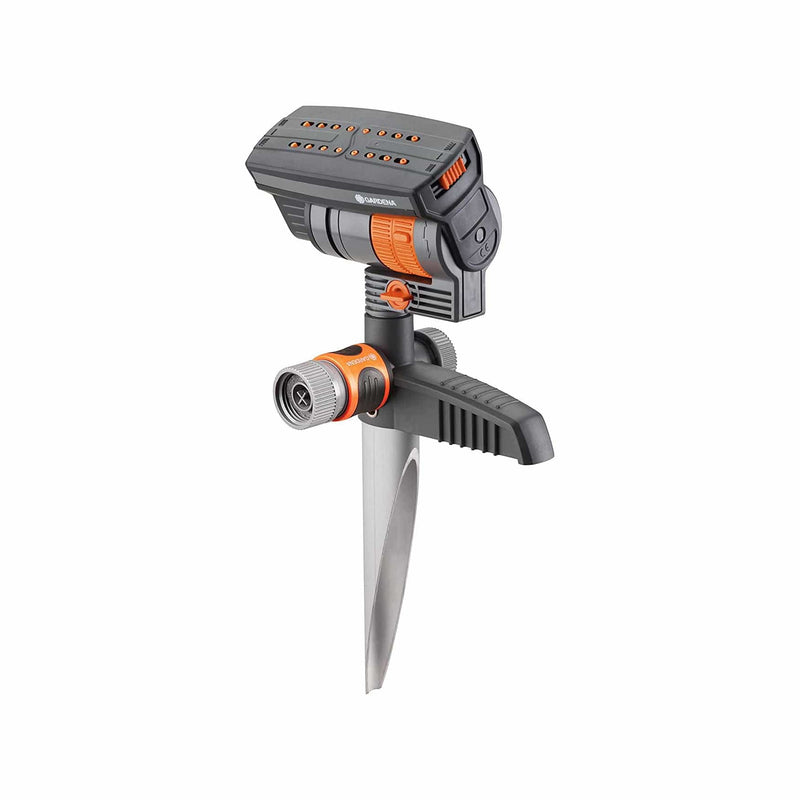 Gardena AquaZoom compact sprinkler on its metal ground spike