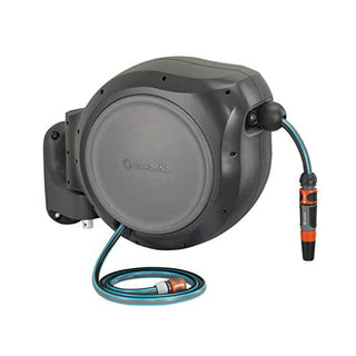Gardena RollUp 75 foot wall hose reel with a teal hose and nozzle