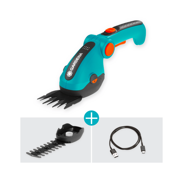 Gardena ComfortCut Li battery shears with the shrub blade and USB-C cable it comes with