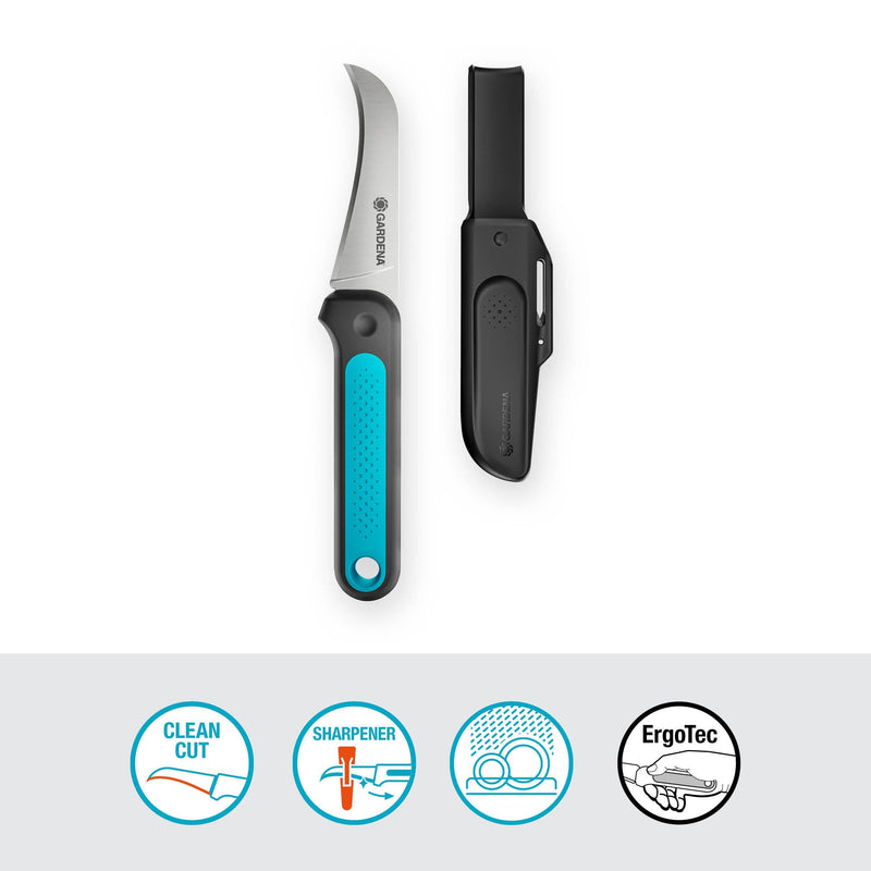 Gardena VeggieCut knife beside its black belt holster, above four feature icons