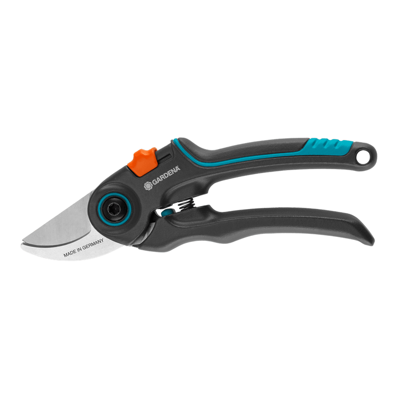 Gardena ExpertCut pruning shears with gray and teal handles and an orange lock