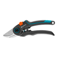 Gardena ExpertCut pruning shears with gray and teal handles and an orange lock