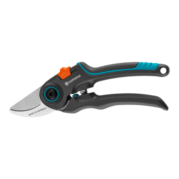 Gardena ExpertCut pruning shears with gray and teal handles and an orange lock