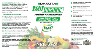 Full Dakota Eco label: application instructions, caution panel and guaranteed analysis