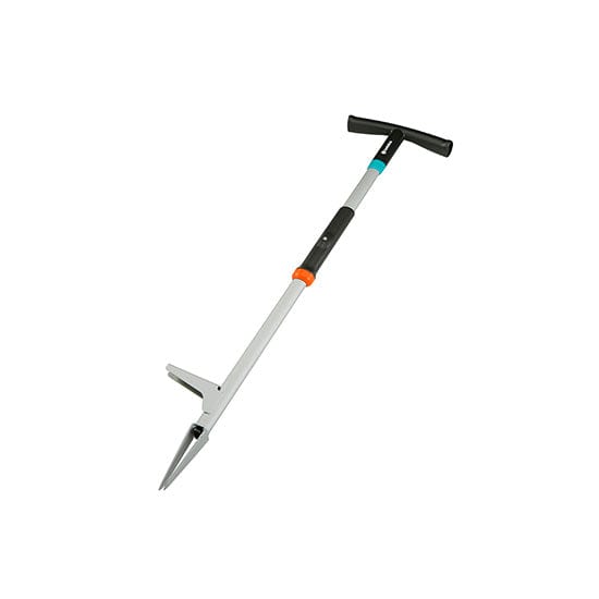 Gardena weed puller with a long shaft, a T handle and pronged blades