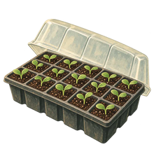 Painted seed-starting tray of seedlings with a clear lid