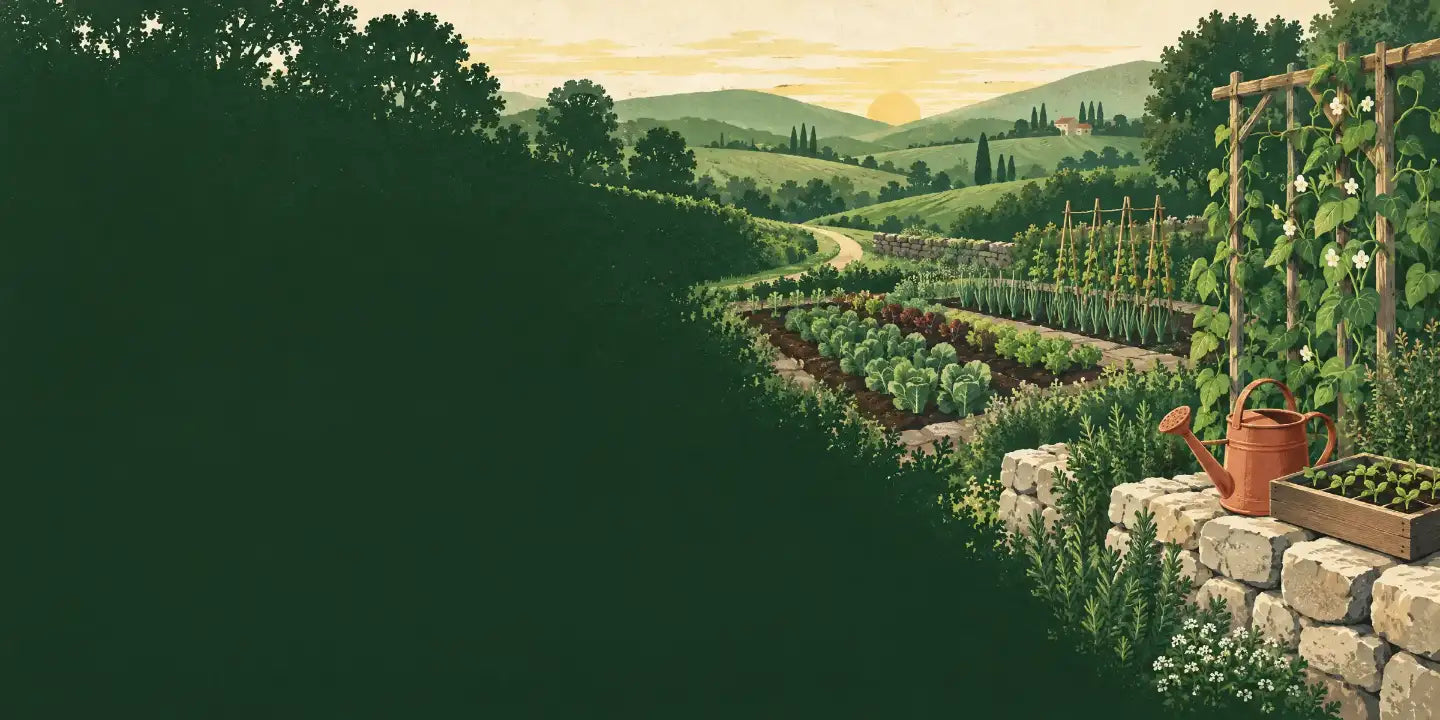 Illustrated kitchen garden with raised beds, a bean trellis and a watering can