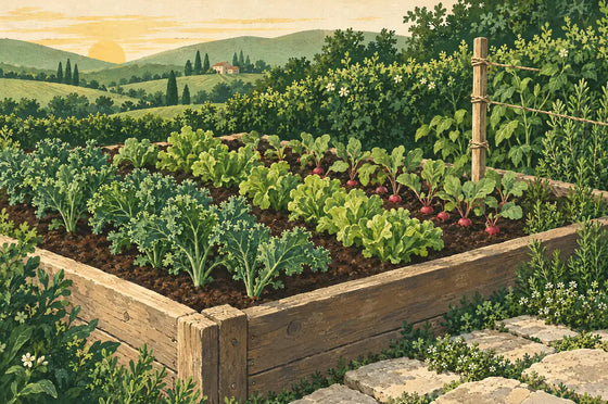Painted corner of a raised bed with young kale, lettuce and radishes