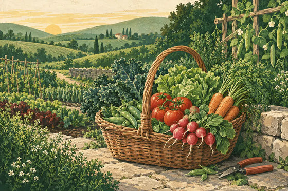 Painted harvest basket of tomatoes, radishes, carrots and greens