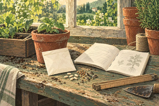 Painted potting bench with a seed packet, an open garden bulletin and a folding ruler